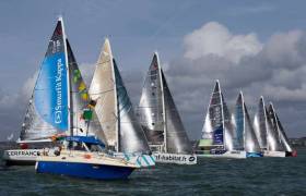 The sponsors get their moneysworth at the start – Tom Dolan and Tanguy Bouroullec with Smurfit Kappa-Cerfrance put themselves right in the picture as racing gets under way in the Concarneau 250 for the Guy Cotten Trophy