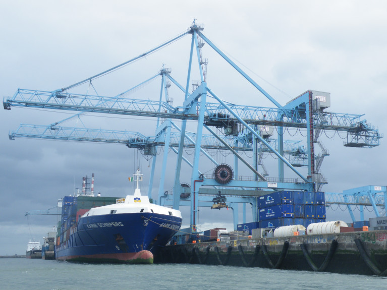 A container ship berthed at Dublin Port which in 2020 was the third busiest year on record for cargo in the port&#039;s long history