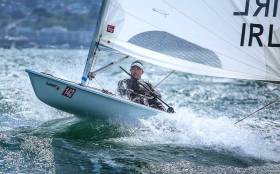 Ross O&#039;Leary of the Royal St. George Yacht Club in action at the Irish Laser Masters Championships on Dublin Bay