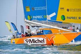 The arrival home of Jean-Pierre Dick (FRA), skipper of St-Michel Virbac, fourth in the sailing circumnavigation solo race Vendee Globe, in Les Sables d&#039;Olonne, France today