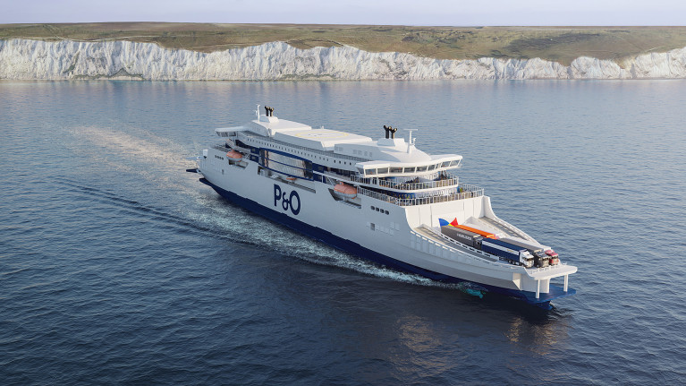 CGI image of how P&O Ferries new generation super-ferries will look like on the Dover-Calais route linking the UK and mainland Europe. The new tonnage will feature a double-ended design and two bridges, meaning that there is no need for the ferry to turn around when within ports.