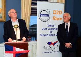 The late Martin Crotty (left) hands over the Chairmanship of the Dun Loaghaire to Dingle Race to Adam Winkelmann in the National Yacht Club, April 5th 2017
