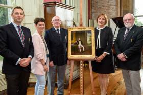 Celebrating the homecoming of the long-lost portrait of John ‘The Magnificent’ Smith Barry were (left to right) Gavin Deane General Manager Royal Cork Victoria Tammadge General Manager Fota House and Gardens Admiral Pat Farnan Royal Cork Anne O&#039;Donoghue CEO Irish Heritage Trust and Dermot Burns Club Archivist, Royal Cork