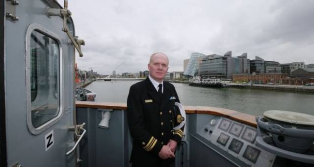 Lieut Cmdr Anthony Geraghty on board LE William Butler Yeats in Dublin Port yesterday, where Afloat adds the OPV90 class vessel remains in port as a trio of European navalships arrive in the capital today and over the May Bank Holiday weekend. (See story: Naval Visits)