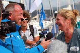 Joan Mulloy speaks to the media after completing leg two of the Figaro race