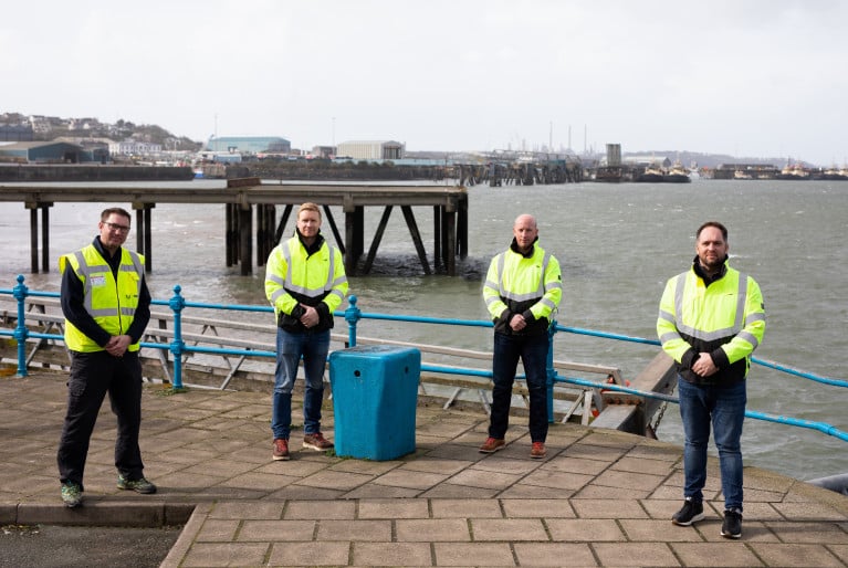 Pictured at the south Wales port of Pembroke Dock (L-R) Tim James from the port with the HST Marine team Ian Oxford (CFO), Chris Monan (COO) and Tom Nevin (CEO).