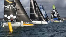 The new Figaro 3 fleet at the start of the Sardinha Cup series. Rig problems for a significant part of the fleet have resulted in Leg 3 being postponed until the weekend