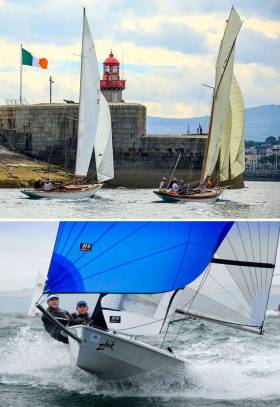 (Top) The essence of summer sailing for the Volvo Dun Laoghaire Regatta, which also celebrated the Bicentenary of the Harbour. The classic restored Dublin Bay 24 Periwinkle (Chris Craig and David Espey) and the likewise restored 1897-vintage 37ft Myfanwy (Rob Mason) racing neck and neck towards the in-harbour finish. Photo: David O’Brien/Afloat.ie (Above) Another side of 2017’s sailing. 2016 All-Ireland Champion Helm Alex Barry of Monkstown Bay SC revelling in brisk conditions at the Royal Cork’s successful Dinghyfest 2017. Event organizer Nin O’Leary had put in such good work beforehand that he was able to take a day out to go to England and win the huge-fleet Round the Island Race. Photo: Robert Bateman