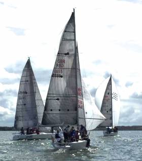 The Shannon Estuary in the perfect mood for racing – WIORA Class 1 IRC competitors Jaguar (left, J/92 S, Gary Fort, Tralee Bay SC), with overall runner up Stonehaven Racing (foreground, Corby 25, Glynn/Griffin/Callanan, Royal Western of Ireland YC), chasing the J/109 Joie de Vie (Glen Cahill, Galway Bay SC)