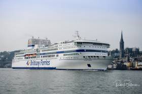 A fresh new look for Brittany Ferries flagship Pont-Aven as seen off Cobh during a departure from Ringaskiddy on the Cork-Roscoff route. The resumption of the service comes in a season that no longer includes rivals Irish Ferries Rosslare based routes to France, though Stena Line continue to operate to Cherbourg.