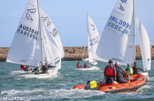 All Ireland competitors are observed by on the water umpires as they race downwind at the championships that was sailed inside Dun Laoghaire Harbour