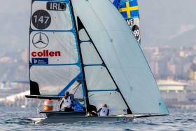 Annalise Murphy sailing with Katie Tingle in the 49erX at the Genoa World Cup