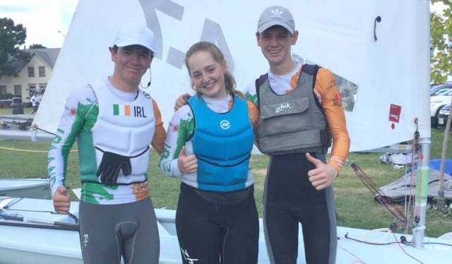 (from left) Evan Dargan Hayes, Alana Coakley and Hugh-O'Connor at the Laser 4.7 Worlds in Canada
