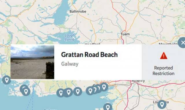 A screenshot from Beaches.ie showing the restriction in place at Galway's Grattan Beach