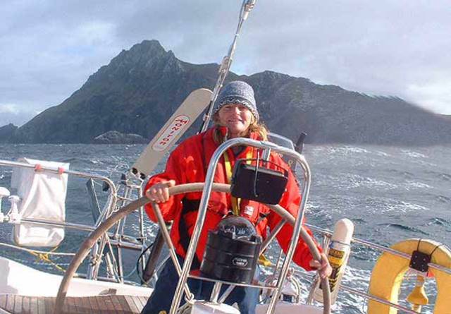 Maire Breathnach at the helm of the Swan 44 King of Hearts off Cape Horn in 2004 during the circuit of South America, when she was first awarded the Irish Cruising Club’s Faulkner Cup