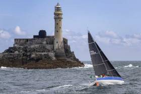The new JPK 10.30 Leon rounds the Fastnet Rock at 5.0pm yesterday. Sailed by her builder Jean-Pierre Kelbert and Alex Loisson, she currently leads the Fastnet Race Two-Handed Division and is first in IRC3 and IRC3B