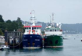 Welsh RV Prince Madog of Bangor University and Irish counterpart RV Celtic Voyager of the Marine Institute, Oranmore, Co. Galway, berthed at Menai Bridge Pier, Anglesey, north Wales (in Sept. 2017) during the official launch of the BlueFish Project, a collaboration between the two nations to examine the effect of climate change on fish and shellfish sustainability in the Irish Sea. AFLOAT adds the design of RV Prince Madog (2001) is based on the older Irish vessel (1997) though the Welsh RV is some 4m longer, however the similarities end in terms of a significantly different superstructure on the Menai Strait based vessel. In the 2018 Irish budget provision was made to replace the RV Celtic Voyager with a 50m newbuild. 