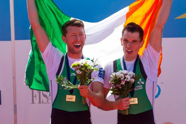Mark O'Donovan and Shane O'Driscoll with European Gold. 