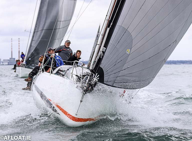 Cian McCarthy's Sunfast 3300 Cinnamon Girl from Kinsale (with article author Mark Mansfield pictured second from right) at the start of the Fastnet 450 Race