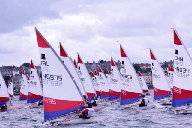 The Irish Topper fleet in full cry at the Worlds at Ballyholme in 2016. Unfortunately the 2018 staging of the Worlds in China was frustrated by light winds, but Hugh O;Connor of the National YC still managed to place second overall