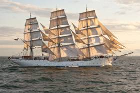 The fully rigged Norwegian tallship, Christian Radich which next year celebrates her 80th anniversary is at anchorage in Cork Harbour