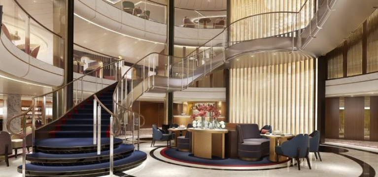 New Cunarder: The Grand Lobby will feature an art deco design that is intended to pay tribute to the ‘Golden Age’ of travel of the new cruiseship Queen Anne. The newbuild is currently constructed by Italian shipbuilder Fincantieri and with a delivery sailing to Southampton, UK, ahead of the cruiseship&#039;s inaugural voyage in early 2024.