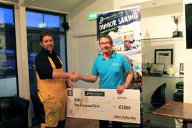 Mayo Sailing Club Commodore Duncan Sclare handing the cheque to Dave Curtis, RNLI