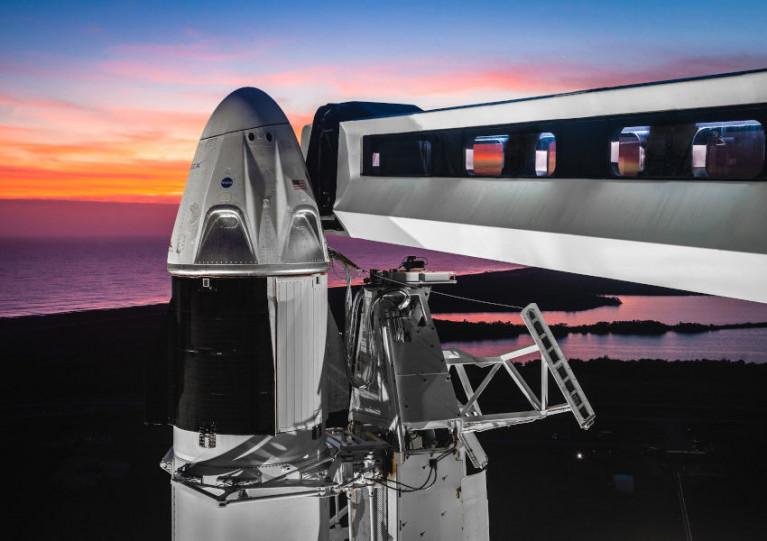 The Dragon capsule atop Falcon 9 that will take astronauts to the ISS in the first commercial spaceflight with humans
