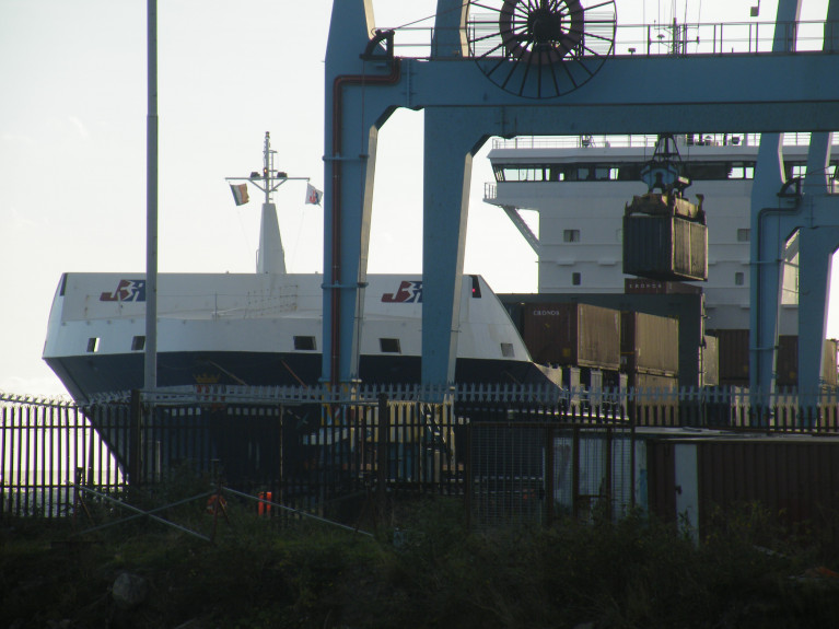 A container ship berthed at a Lo-Lo terminal in Dublin Port