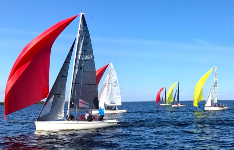 Suntan Sailing beyond The Pale – SB20s on the Shannon lakes, with 3272 (John McGonigle, second left) throwing a judiciously-judged gybe which helped towards her overall win