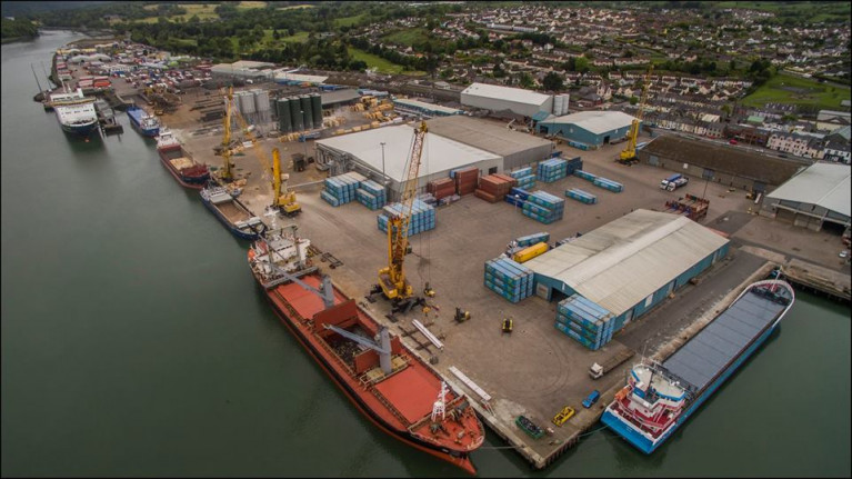 Volumes held up significantly in Warrenpoint Port last year despite Covid lockdown and trade drop off. Above a busy scene of ships lining the Co. Down among them AFLOAT adds on left, a ro-ro freightferry which Seatruck operate to Heysham, England.