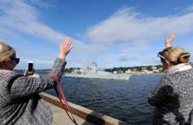 Leadship of the OPV90 class LE Samuel Beckett departs Cork Harbour to return to the Mediterranean 