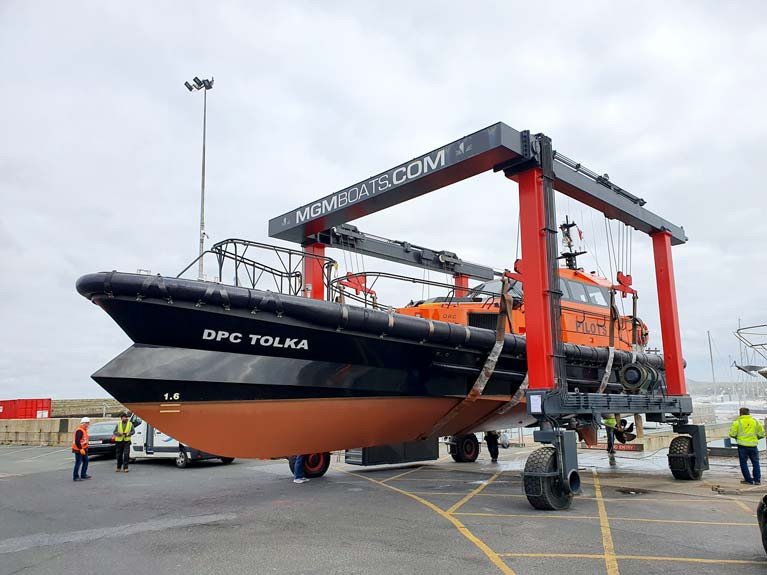 Dublin Pilot boat Tolka&#039;s underwater hull shape is clearly visible on the MGM Boats Travel Hoist at Dun Laoghaire. The vessel&#039;s ability to handle high speeds in bad weather is due to an innovative beak bow design which can steady the hull of the boat as it pitches into the sea.