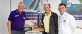 L-R: Mark Wynter, Commodore, Island Sailing Club &amp; owner of Alchemist, with the 2016 Seamanship Award winner Jeff Warboys and Keith Lovett from Race Partner Haven Knox-Johnston/MS Amlin
