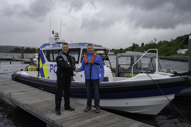 ExoTechnologies, a maritime green technologies start-up and owner of Glasgow based boat builder Ultimate Boats launches world’s first fully recyclable boat to Police Scotland. As pictured with the new boat is Police Scotland Assistant Chief Constable Mark Williams with Ultimate Boats director of Sales Jason Purvey. 