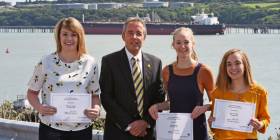 Scholarship students: Rhiannon Morgan, Chris Martin (Chairman, Port of Milford Haven) Isabelle Hughes and Rebecca Foster