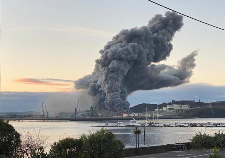 A smoke plume rises from the fire at the grain storage facility on Ringaskiddy’s deepwater quay