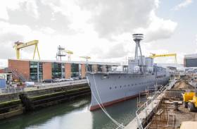 The recently refurbished HMS Caroline the only survivor of the Battle of Jutland 1916 has returned from H&amp;W to her neighbouring berth in the Alexandra dry-dock, Belfast  