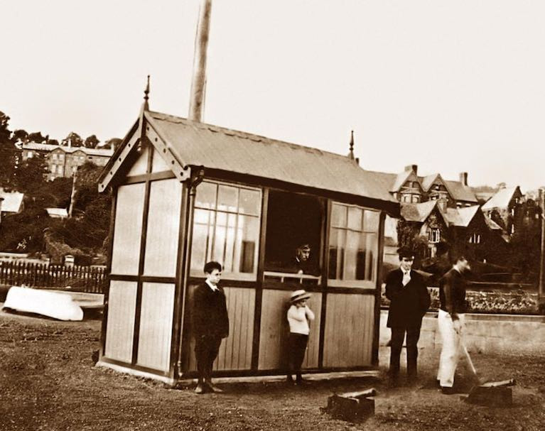 A photo provided by MBSC member John Hegarty of the race hut at Monkstown circa 1922