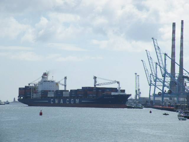 Nicolas Delmas (2,207 TEU) is one of the largest ever containerships to dock in Dublin and is seen departing Peel Port's operated MTL Terminal, Ringsend 