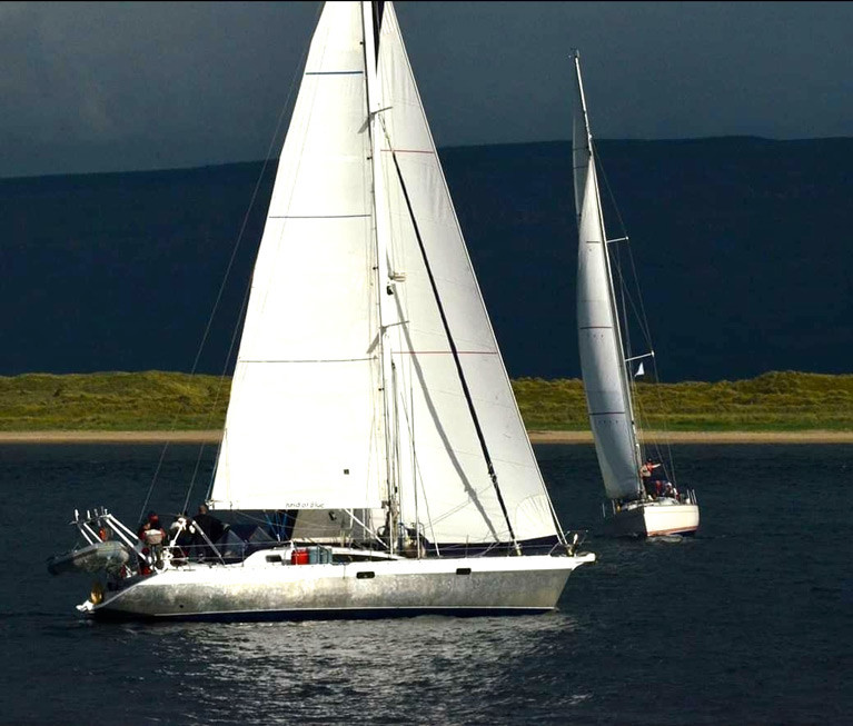 She’s coming home – Garry Crothers’ Ovni 435 Kind of Blue in Lough Foyle, which she left in 2017 for a long ocean cruise which has now had to be reduced to a Transatlantic circuit