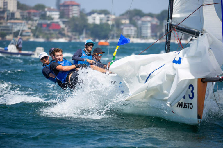 Niall Malone and team racing under the Royal Prince Alfred burgee at the Musto Youth Internationals in Sydney late last month