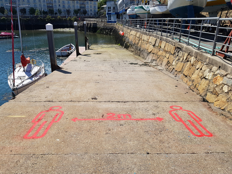 Social distancing marking at DMYC slipway as the club gets ready for lift-in in early June at Dun Laoghaire Harbour