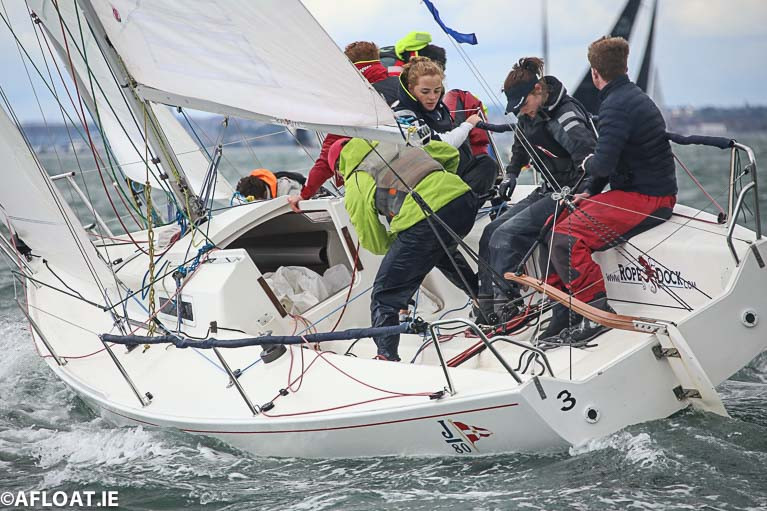 An under 25 team racing in a RStGYC J80 keelboat on Dublin Bay