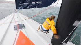 Turn The Tide on Plastic’s boat captain Liz Wardley is dragged across the deck by the sheet rope in yesterday’s dramatic incident