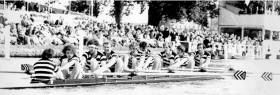 Dublin University Boat Club, the winners of the 1977 Ladies&#039; Challenge Plate at Henley Royal Regatta. Pictured are KJ Mulcahy, EM O&#039;Morchoe, DJ Sanfey, JPD Murnane, EDG Weale, DMJ Hickey, RI Reilly, JA Macken, JMP McGee, Coach: RWR Tamplin. 