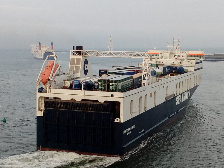 Seatruck brings back shared cabins for freight-drivers on their FSG class freight-only ferries, among them the Seatruck Power, captured by AFLOAT swinging into the fairway within Dublin Port when departing for Liverpool. 