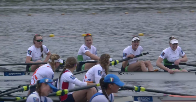 Ireland&#039;s women&#039;s four celebrate their silver with gold medallists the Netherlands 