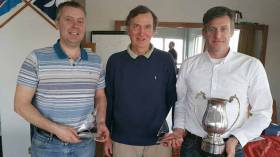 Noel Butler &amp; Stephen Oram ( (left)) – DMYC Frostbite 2016/17 Overall winners with DMYC Commodore Barry Kenny (centre)