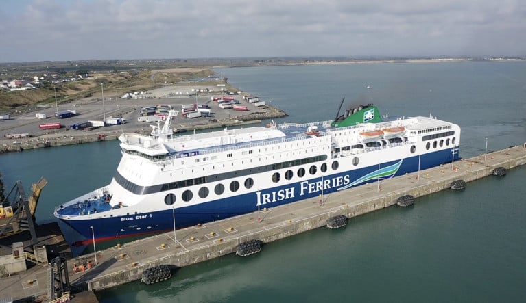 Chartered-in ferry Blue Star 1 AFLOAT adds, normally serves Irish Ferries Rosslare-Pembroke Dock, is temporary running instead on the Dublin-Cherbourg route as cruiseferry W.B. Yeats is in H&amp;W Belfast to be fitted with a new replacement upper bow door. The Greek-flagged ferry is seen at Rosslare Europort from where it made a debut on the Irish Sea last year.